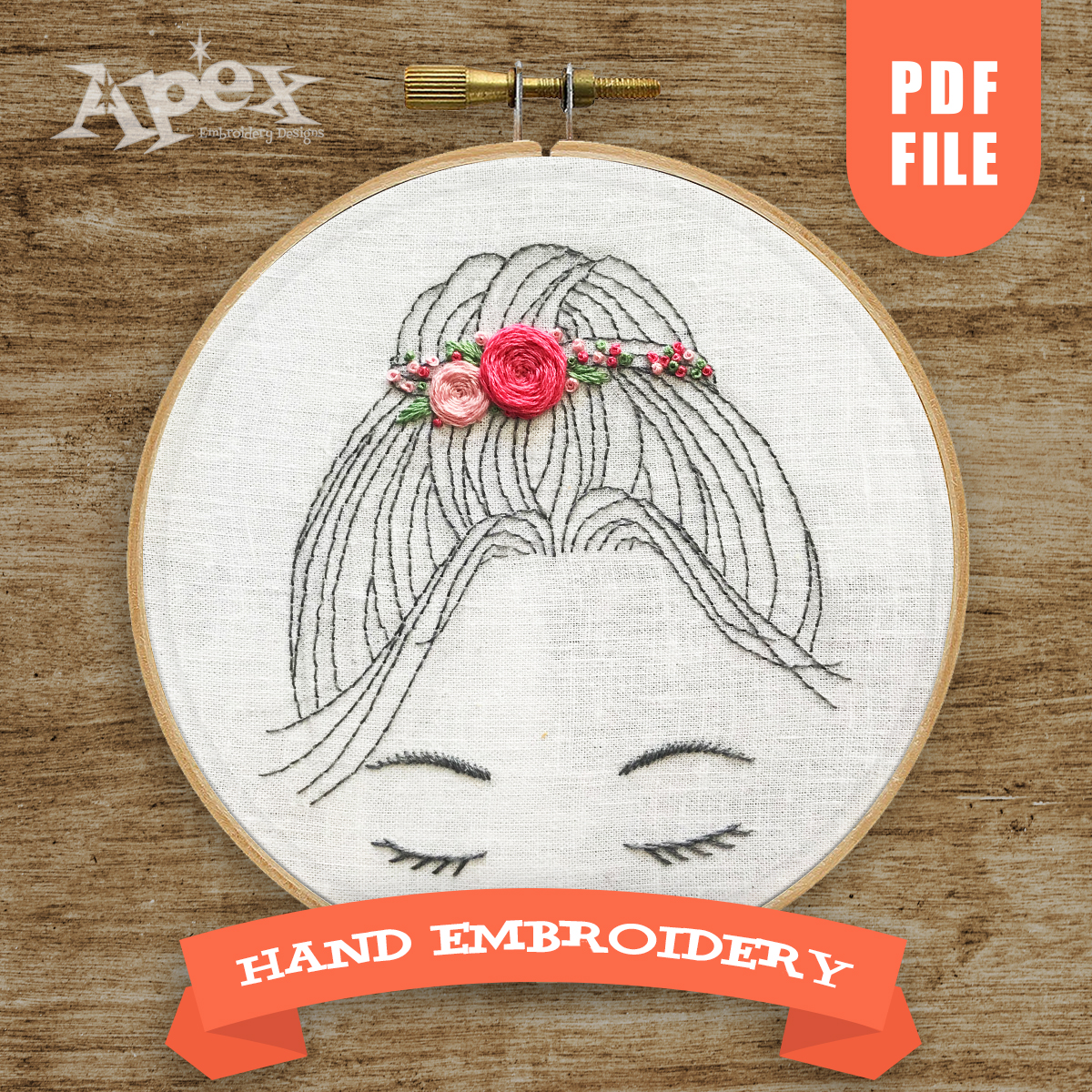 Flowers Hair Bun Girl Hand Embroidery Pattern