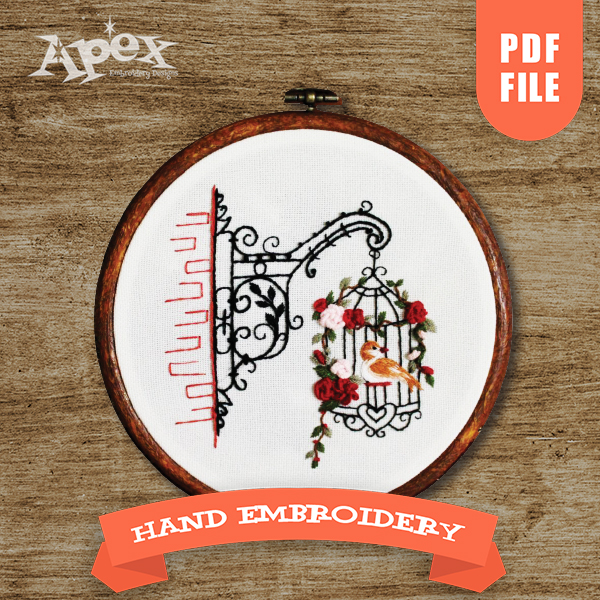 Bird in Cage Hand Embroidery Pattern - PDF File