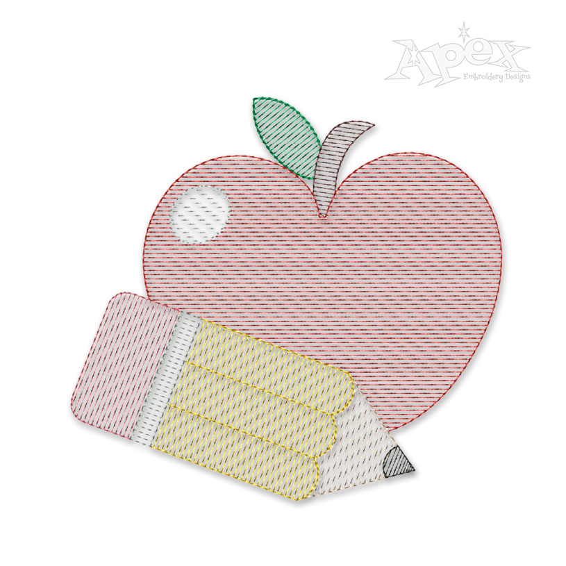 School Apple Pencil Sketch Embroidery Design